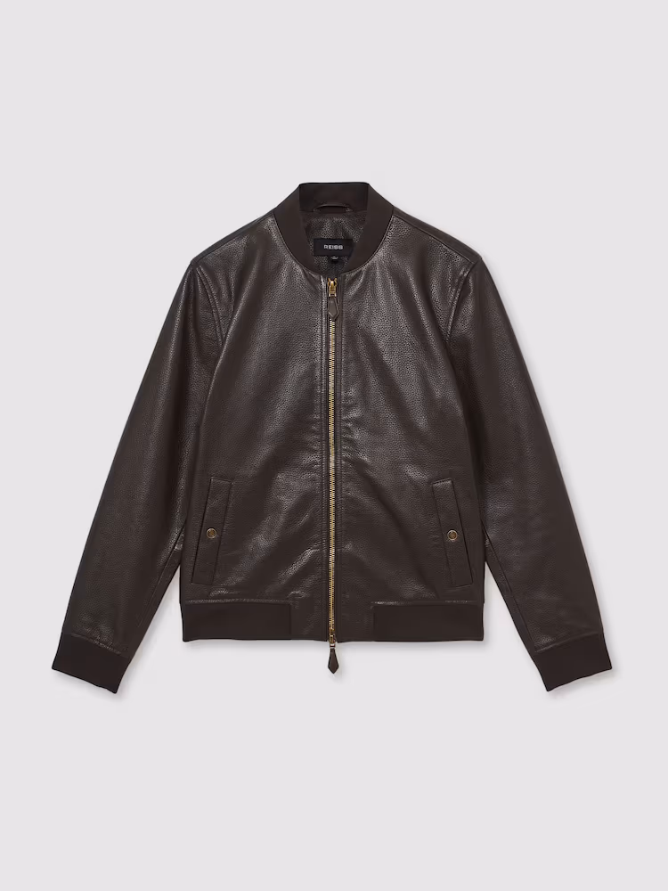 Reiss | Leather Bomber Jacket in Brown